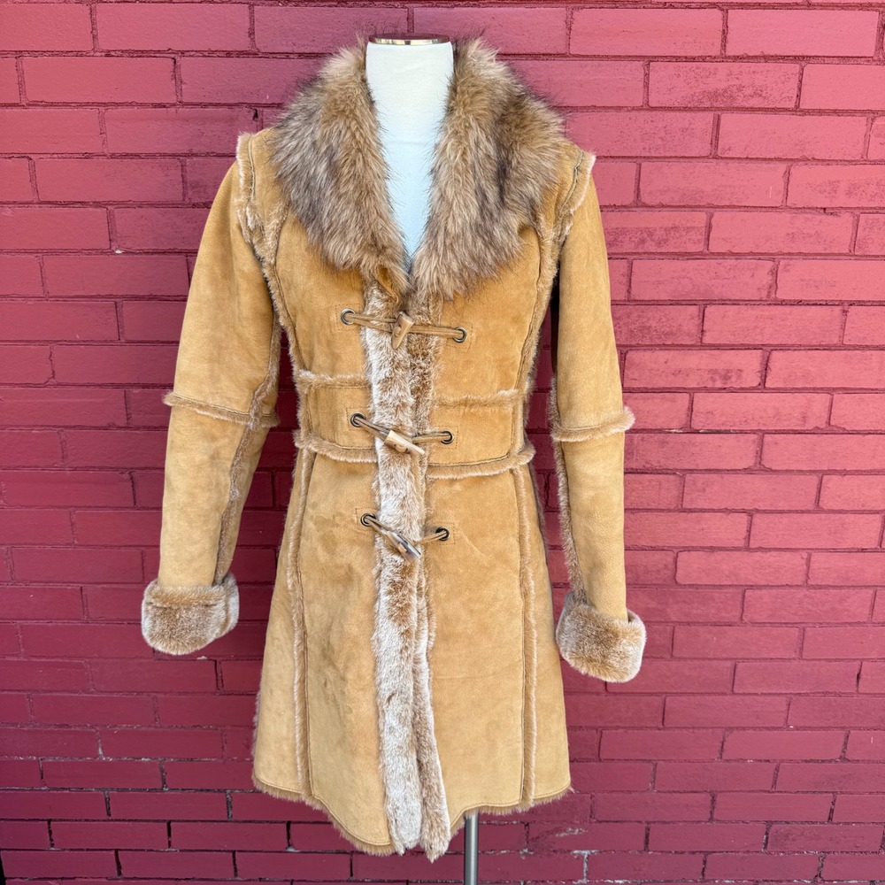 Dennis Basso Penny Lane Coat Brown Suede Leather Faux Fur Trim Toggle Small